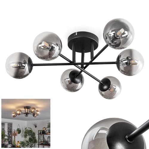 Image of Chehalis Ceiling Light, Ceiling lamp Made of Metal/Glass in Black/Smoke Colour/Clear, luminaire in Modern Retro/Vintage Design with Glass Shades (Ø 10 cm), 6 x G9, Without Bulbs