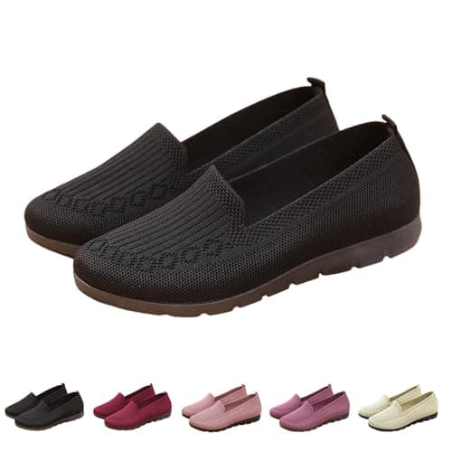 Image of UK 8.5 Women's Knitted Flat Shoes Extra Wide Eee Fit Lightweight Comfortable Loafers Women Footwear Slip on Casual Breathable Mesh Walking Shoes Low-Top Round Toe Trainers A0_Black Clearance