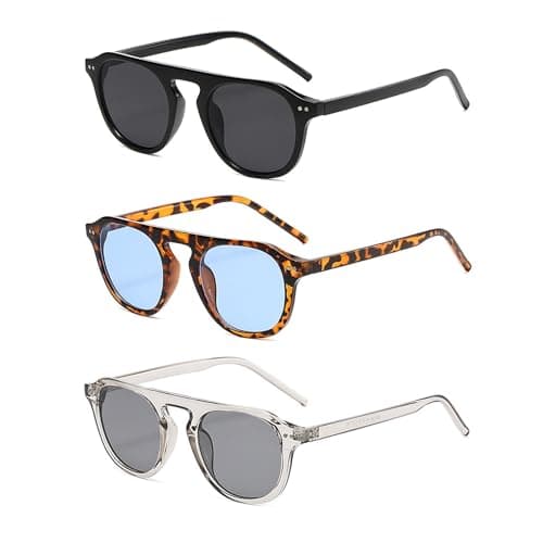Image of 3 Pack Vintage Round Sunglasses Mens Womens Clear Frame Classic Retro Circle Sun Glasses Unisex UV400 Protection Ladies Eyewear for Photography Wandern Travelling Driving (Black&Grey&Leopard)
