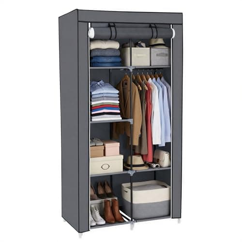 Image of SONGMICS Fabric Wardrobe, Clothes Storage Organiser, 6 Shelves, 1 Hanging Rail, Non-Woven Fabric, Metal Frame, 45 x 88 x 168 cm, for Bedroom, Dressing Room, Grey RYG84G