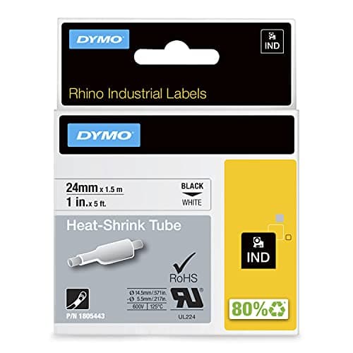 Image of DYMO Rhino Industrial Heat-Shrink Cable Label Tubes | 24 mm x 1.5 m | Black Print on White | Self-Adhesive | for Rhino Label Makers