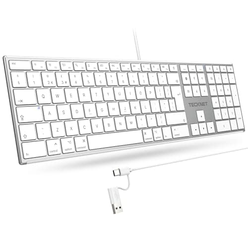 Image of TECKNET Wired Keyboard for Mac with Number Keypad, Dual Interface(Type-C and USB A), Full Size Ergonomic Keyboard Compatible with MacBook, iMac, Mac mini/Pro, QWERTY UK, White