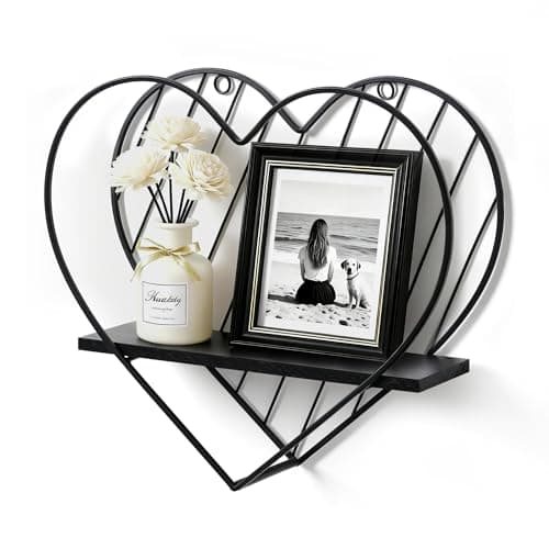 Image of Afuly Heart Floating Shelves for Wall, Wooden Wall Shelf with Metal Wire, Small Wall Mounted Shelf, 26cm Display Shelves for Bathroom, Bedroom, Living Room, Kids Room Decor, Black