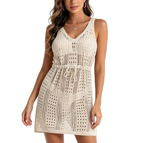 Image of Mayoii Women's Crochet Beach Cover Up, V Neck Hollow Out with Drawstring Waist for Beachwear, Knit Beach Dress for Summer Holiday (Apricot)