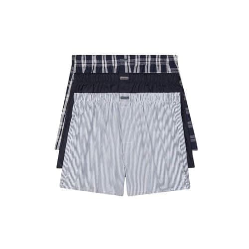 Image of Calvin Klein Men's Underwear Cotton Classics 3-Pack Woven Boxer Shorts, Tide/Morgan Plaid, Tide/Montague Stripe, Tide, Medium (Pack of 3)