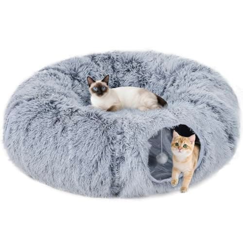 Image of PawHut Cat Tunnel for Indoor Cats, 90cm Large Donut Play Tunnel Bed with Washable Cushion, Toy Ball and Door Hole, Pet Play Rabbit Tube Toy, Light Grey