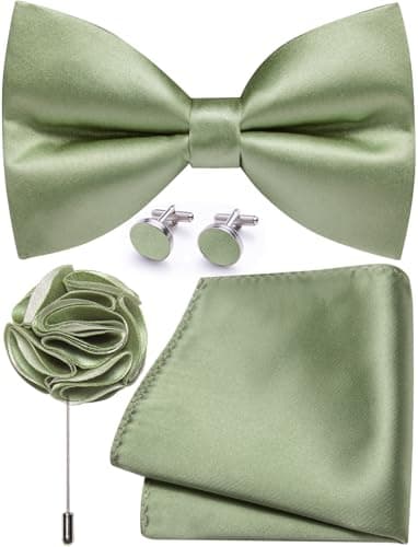 Image of Ailisus Mens Sage Green Bow Tie and Pocket Square Cufflinks Lapel Pin Set Silk Pre-tied Bowtie Adjustable Wedding Party Business
