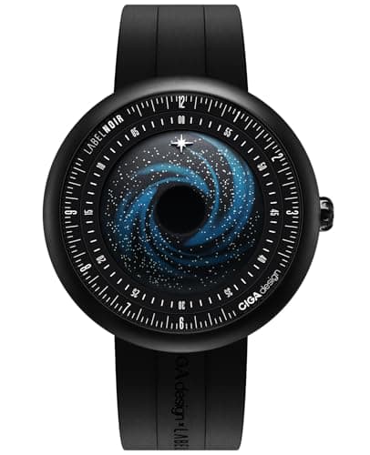 Image of CIGA Design Mechanical Automatic Watch - Blue Planet U Series Wristwatch Round Stainless Steel/Titanium Sapphire Crystal for Men and Women with Fluororubber Strap (Black Star Titanium)