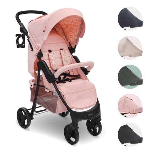 Image of My Babiie MB30 Pushchair – from Birth to 4 Years (22kg), Easy Compact Fold, Large Shopping Basket, Adjustable Handle, Stroller Includes Cup Holder, Rain Cover – Pink Leopard