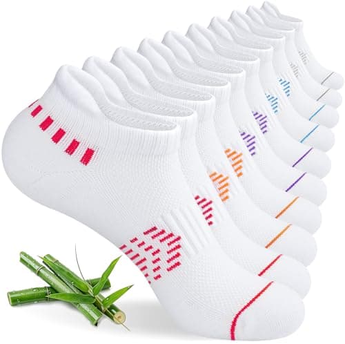 Image of Caldodo Bamboo Trainer Running Socks Womens, White Cushioned Ankle Socks, Breathable Sports Walking Sock for Ladies, Anti Blister Seamless Short Sock Summer, 5 Pairs, 3-5