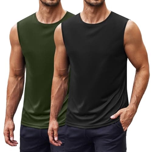 Image of COOFANDY Tank Top for Men Gym Vests Bodybuilding Vest Round Neck Sleeveless Tshirt Summer Beach Vest Workout Singlets Black/Military Green L