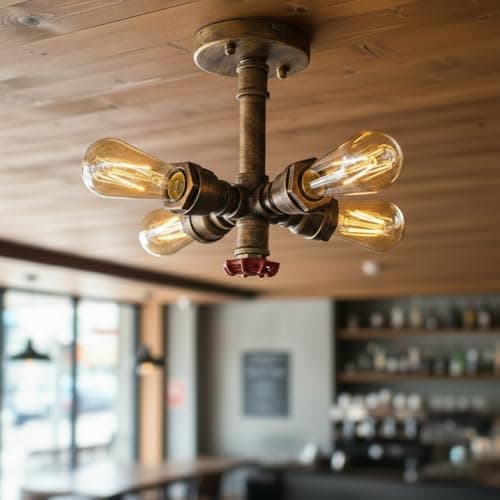 Image of Industrial Pipe Chandelier Ceiling Light, 4-Light Vintage Steampunk Metal Water Pipe Pendant with E27 Edison Bulbs, Rustic Hanging Lighting Fixture for Kitchen, Dining Room, Cafe, Bar (Brushed Copper)