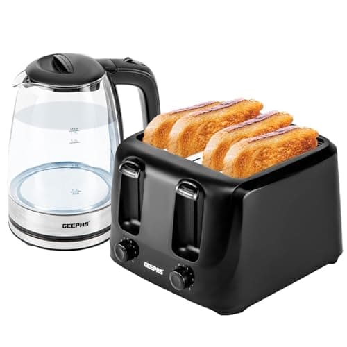 Image of Geepas 4 Slice Bread Toaster & 1.7L Illuminating Electric Glass Kettle Set – 2200W Cordless Jug Kettle, Auto Shut Off & Boil Dry Sensor – 1400W Toaster with Dual Control & 6 Level Browning, Black