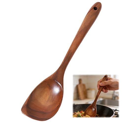 Image of Wooden Spoons for Cooking,32.5 cm Length Teak Wood Spoon Long,Handle Teak Wooden Cooking Utensils, Stirring in Deep Pots and Scraping Corners