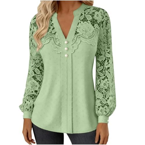 Image of Womens Lace Blouses Elegant Long Sleeve Tunic Tops Solid Color V-Neck Blouses Spring Summer Tops Ladies Casual Smart Formal Shirt Party Elegant Wedding Guest Work Office Blouse Top Mint Green