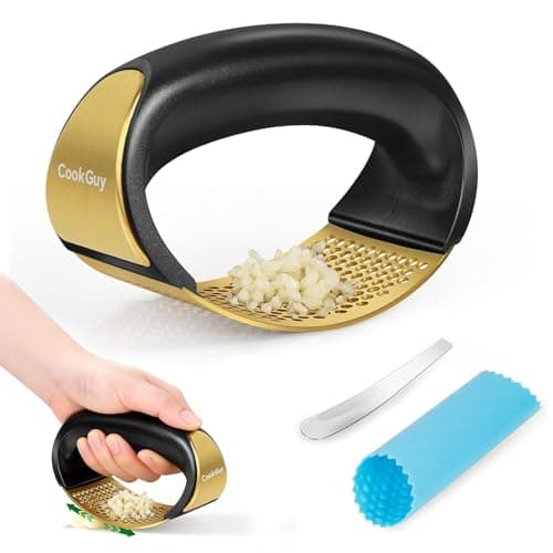 Image of Cook Guy 304 Stainless Steel Garlic Press Rocker Set - Premium Garlic Mincer, Crusher, Peeler, and Scraper Tool for Effortless Mincing - Comfortable Grip Garlic Grinder (Gold)