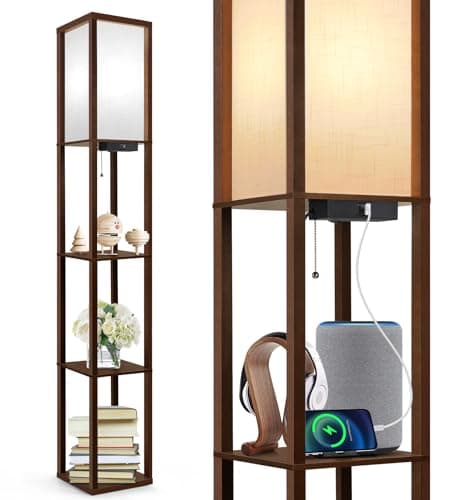 Image of OUTON Floor Lamp with Shelves, LED Column Modern Floor Lamp with USB & Type C Port, 3 Color Temperature, Wooden Standing Lamp with White Linen Shade for Living Room, Bedroom, Office (Walnut Brown)