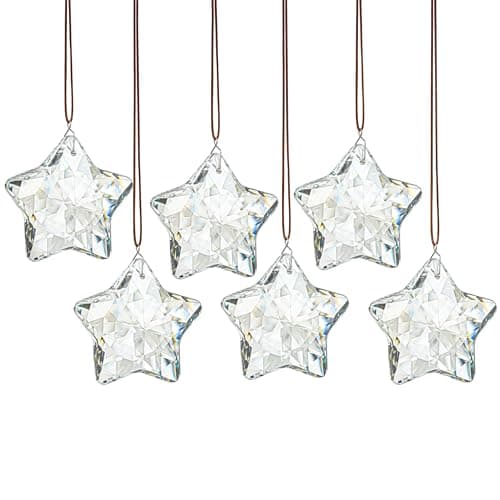 Image of H&D HYALINE & DORA 6-Pack Clear Faceted Crystal Glass Star Christmas Ornaments - Hanging Decorations for Window, New Year Party Supplies