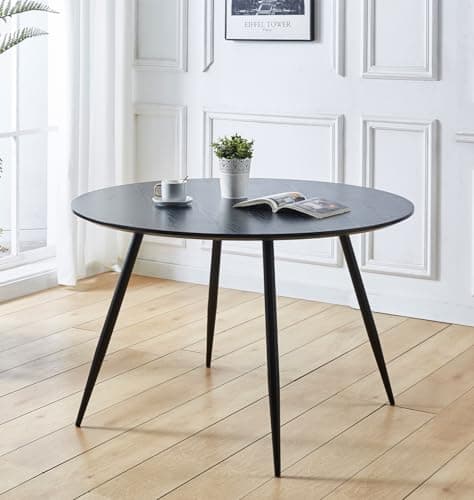 Image of Hallowood Furniture Cullompton Large Black Dining Table with Black Metal Legs, Wooden Effect Top 4-6 Seater Round Table for Dining Rooms, Kitchens, or Cafés