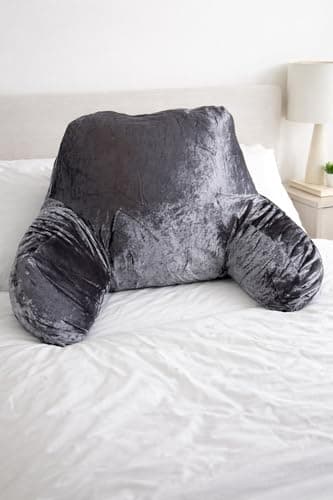 Image of L S U Crushed Velvet Reading Pillow with Arms – Supportive Lumbar Back Cushion for Sitting Up in Bed, Sofa, Gaming & Relaxation (charcoal)