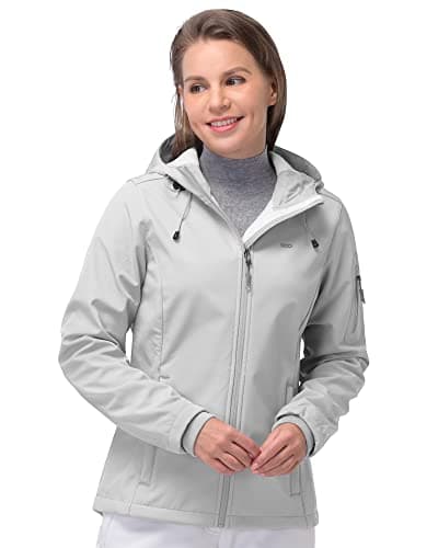 Image of 33,000ft Women's Waterproof Jacket, Ladies Lightweight Hooded Softshell Jacket Windproof Fleece Rain Jacket for Outdoor Hiking Light Grey 2XL