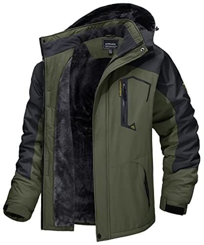 Image of Magcomsen Men's Lined Winter Fleece Functional Jacket for Outdoor Skiing Made from Thickened Softshell Waterproof Windproof Breathable Material with Removable Hood, mens, Army Green, M