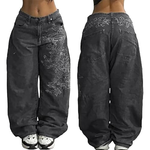 Image of Womens Y2K Hip Hop Gothic Jeans Boyfriend Wide Leg High Rise Denims Trousers Casual Relaxed Fit Oversize Streetwear Fashion Pattern Embroidery Flared Pants Black