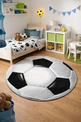 Image of Football Rug for Kids 100 cm Soccer Ball Design Black White Grey Soft Pile Round Carpet for Boys Children Bedroom Playroom Sports Theme Floor Mat Gift Sport