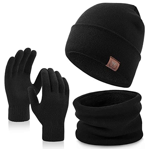 Image of OZERO Mens Winter Hat Scarf Gloves Set: Lightweight Fine Knit Fleece Lined Beanie Hat, Snood Neck Warmer and Touchscreen Gloves, Soft Warm Thermal 3 Piece Cold Weather Christmas Gift for Men Women
