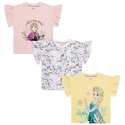 Image of Disney Frozen 3-Pack T-Shirts for Girls | Anna & Elsa Princess Tees | 100% Cotton | Short Sleeve Ages 2-10 Years (7-8 Years) Multicoloured