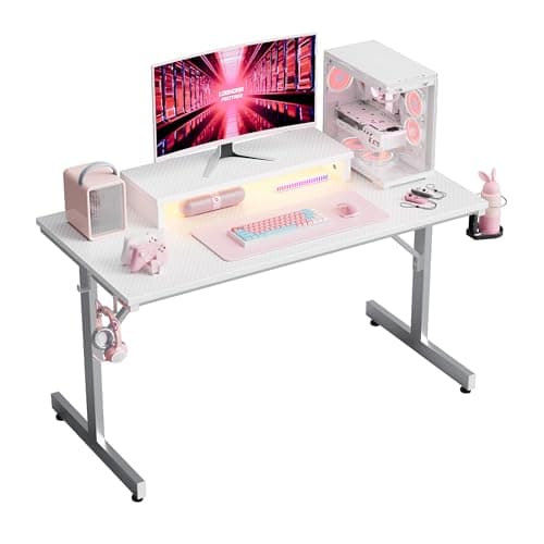 Image of Bestier Small Gaming Desk with Monitor Stand, 106.6 CM LED Computer Desk, Gamer Workstation with Cup Holder & Headset Hooks, Modern Simple Style Desk for Home Office