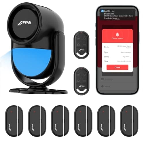 Image of CPVAN Home Alarm System, WiFi PIR Motion Sensor Alarm, Wireless DIY Smart Door/Window Alarm for Home Security with Phone APP Alert 9 Pieces-Kit (Indoor PIR Alarm Host, 6 Door Sensors, 2 Remotes),Black