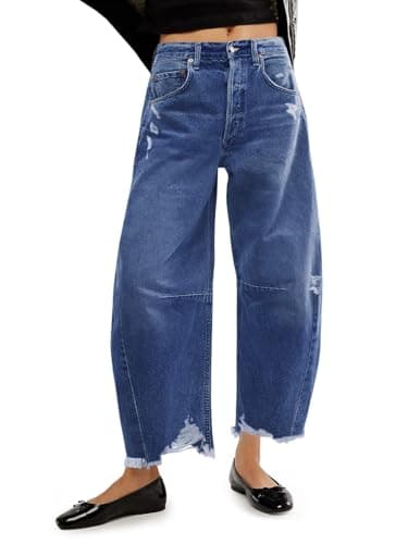 Image of Cicy Bell Women's Baggy Wide Leg Jeans Barrel Horseshoe Boyfriend Cropped Raw Hem Denim Pants, Blue, 8
