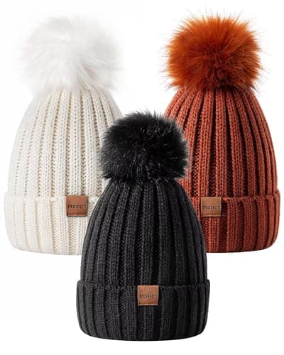 Image of MSDC Beanie Hats for Women 3 Pack with Pom Pom, Bobble Hat Women Fashion Knit Warm Skull Cap, Winter Hats for Women for Cold Weather(Black+White+Dark Orange)