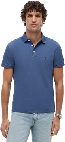 Image of Tommy Hilfiger Men’s Short Sleeve Slim Fit Polo Shirt with Button Placket, Blue (Aegean Sea), XXL