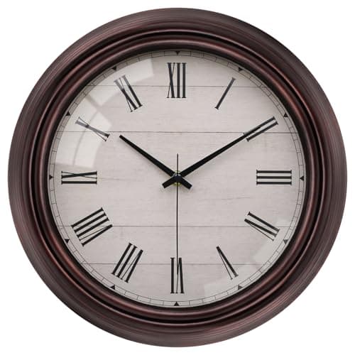 Image of VIKMARI Brown Wall Clock, Large 12 Inch Country Rustic Roman Numeral Clock for Living Room Kitchen Office Bedroom