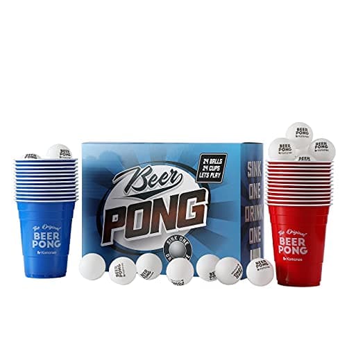 Image of Komonee Beer Pong Set 48 PCS American Adult Indoor Novelty Party Drinking Game 24 Printed Red and Blue Re-usable Cups and 24 High Bounce ABS White Balls