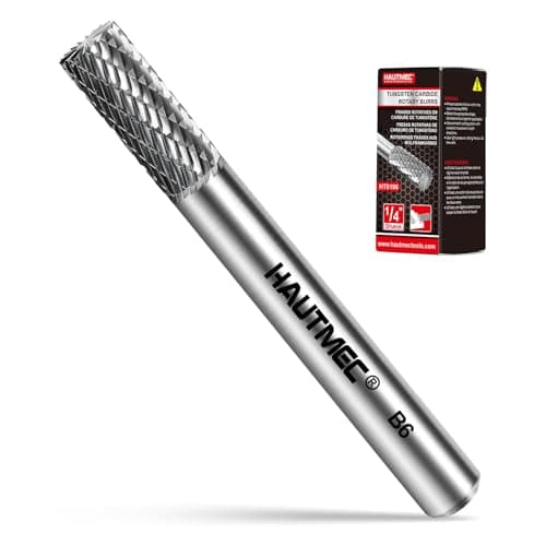 Image of HAUTMEC Tungsten Carbide Rotary Burr Bit YG6, 1/4" Shank Double Cut Die Grinder Bit, Low Vibration Precision Rotary File for Metal Grinding, Engraving & Deburring (6MM Cylindrical Flat End), HT0196