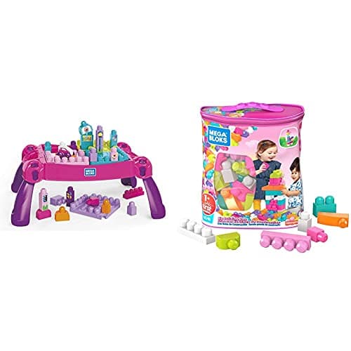 Image of Mega Bloks Build 'n Learn Table & Bloks DCH54 Big Building Bag, Pink, 60 Pieces