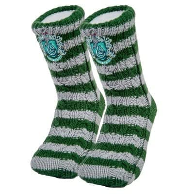 Image of Merchoid Harry Potter Slytherin Slipper Socks - House Crest Embroidered Striped Knit - Cosy Non-Slip Gripper - HP Gifts for Women Men Kids Adults