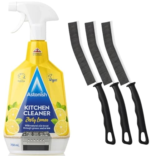 Image of Astonish Powerful Kitchen Degreaser Spray – Lemon Multi-Surface Cleaner for Tough Grease, Daily Kitchen Cleaning, Vegan & Cruelty-Free with 3 Free Deep Cleaning Brushes
