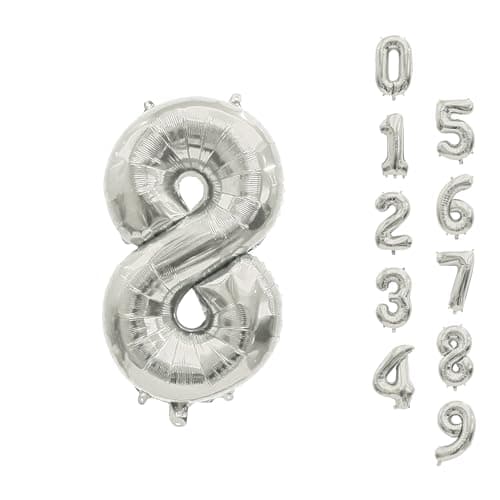 Image of Trimming Shop 16-Inch Small Silver Number 8 Foil Balloon - Reusable Air Fillable Digit 0-9 Foil Balloons for Birthday, Wedding, Anniversary, Celebration, Party Decorations Supplies