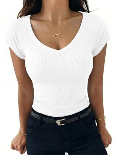 Image of Aottori Women Short Sleeve Tops Summer V Neck T Shirts Ladies Ribbed Slim Fit Basic Tee Shirt Thin Plain Casual Tunic Top Solid White S