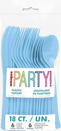 Image of Unique Powder Blue Plastic Cutlery Set – 18-Piece Disposable Party Utensils with 6 Forks, 6 Spoons & 6 Knives for Birthdays, Kids’ Parties, Weddings, Baby Showers & Special Events
