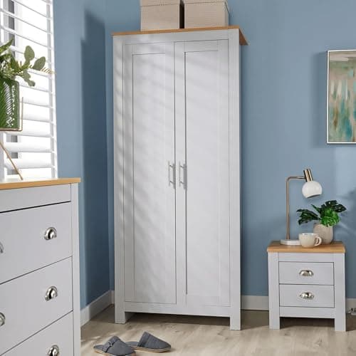 Image of Home Source Bedroom Furniture 2 Door Wardrobe, Storage Shelf, Oak Effect Top, Grey