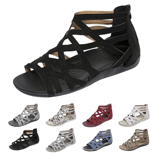 Image of UK Women Strappy Gladiator Sandals with Arch Support,Lightweight Comfortable Back Zipper Roman Casual Walking Fisherman Sandal Open Toe Low Wedges Dressy Summer Autumn Holiday Hollow Out Flat Shoes