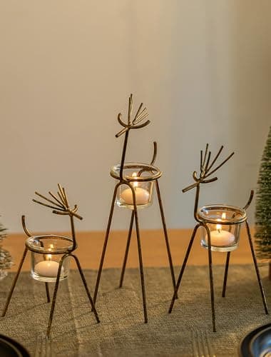 Image of Sziqiqi Christmas Reindeer Candle Holder: 28cm Black Tea Light Candle Holders Set of 3 for Christmas Table Decoration - Metal Tealight Holders for Xmas Centrepiece Dining Table Fireplace Window Sill