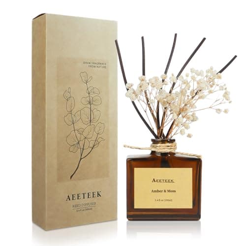 Image of Aeeteek Reed Diffuser, Amber & Moss Essential Oil Diffuser with Dried Flowers, 3.4 oz Scented Oil Air Freshener, Handmade Home Decor, Long-Lasting Room Scent Fragrance for Office, Bathroom