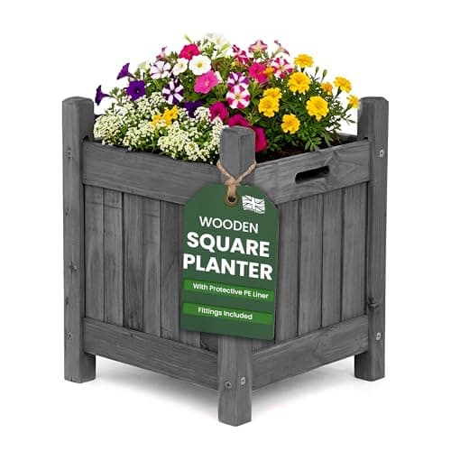 Image of My Garden Wooden Square Planter with PE Liner - 30 x 30 x 38 cm Weather Resistant Wooden Planter Box for Outdoor Use - Ideal for Patios, Gardens & Decking - Easy Assemble & UV Resistant