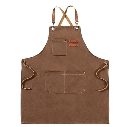 Image of FunChaos Brown Canvas Aprons, Work Aprons for Men Women, Chef Aprons with Adjustable Strap and 3 Pockets, Apron for Servers Kitchen Cooking Baking Artist Painting, Cross Back